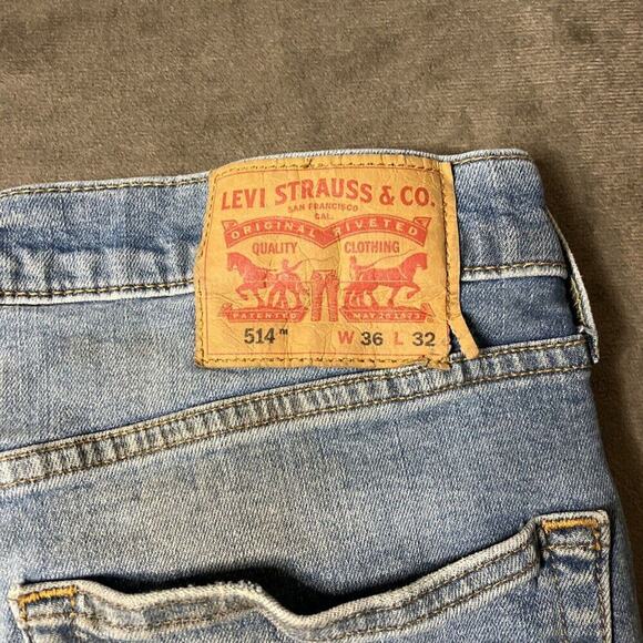 Levis 514 Jeans Mens 36x32 Straight Light Wash Pocket Denim Casual Distressed - Picture 7 of 8